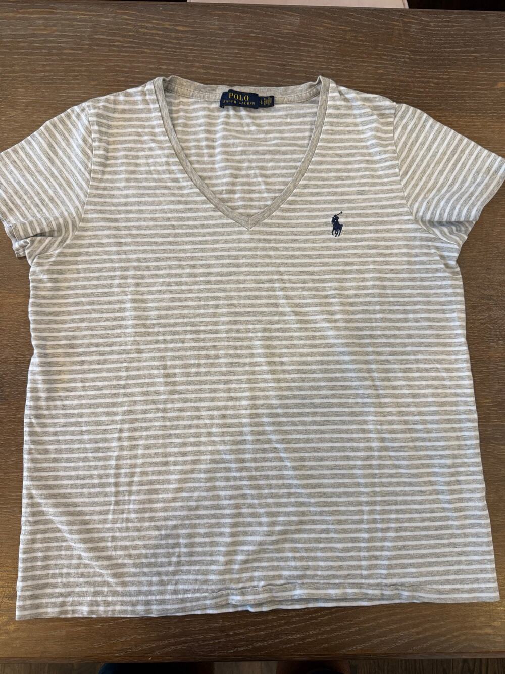 Polo Ralph Lauren grey and white striped V neck Tee T-Shirt Top Women size L